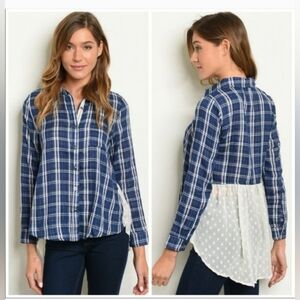 Crescent NWT Navy Blue White Checkered Plaid Long Sleeve Shirt Large High Low